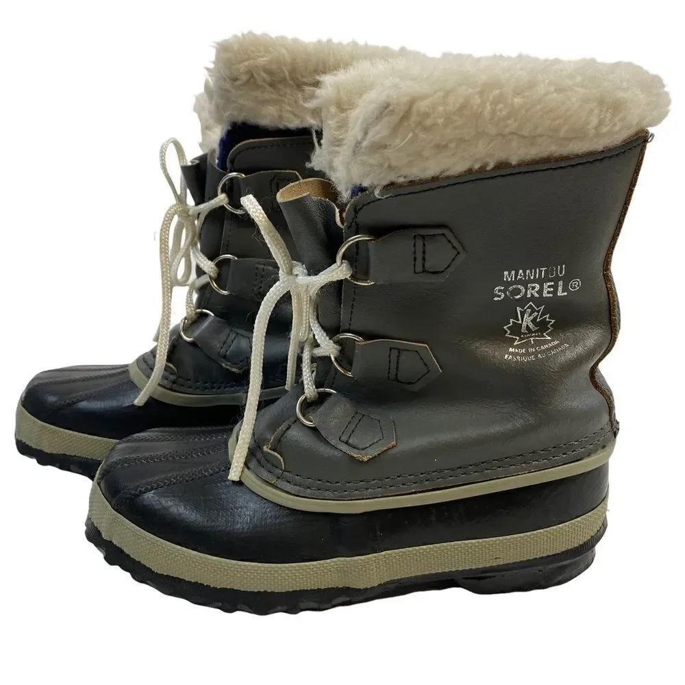 Sorel Unisex Gray Black Waterproof Faux Fur Lined Winter Snow Boots Size 3 Wool